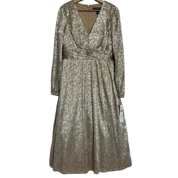 Aidan Mattox Gold Metallic Long Sleeve Midi Dress Size 8 Party Feminine  A-Line
